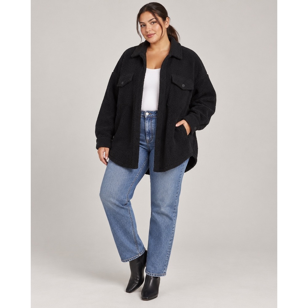 Good American Women's L/XL 3/4 Black Baggy Sherpa Shirt Jacket Shacket